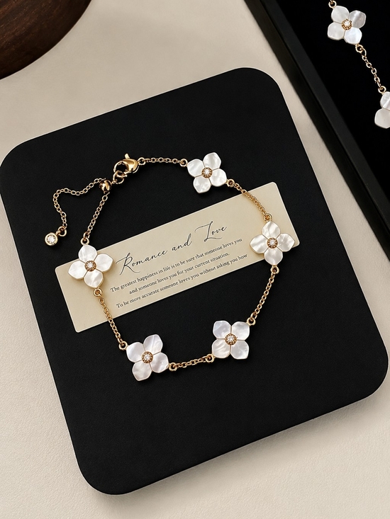 Spectrum Designz Jewelry - Gold Bracelet with White Floral Charms - Women Jewelry